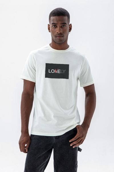 Off White Soft Fabric Lonely & Lovely Design Short Sleeve Tee