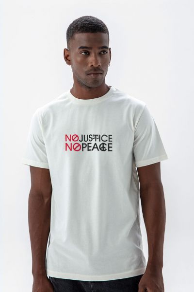 Off White Soft Fabric No Justice No Peace Design Short Sleeve Tee