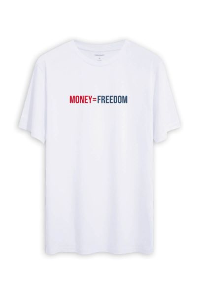 White Soft Fabric Money = Freedom Design Short Sleeve Tee