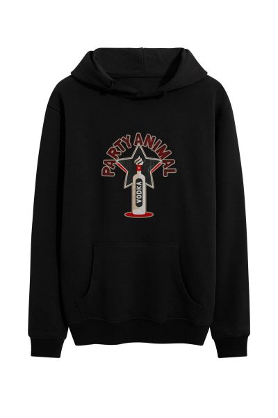 Black Premium Cotton Party Animal Vodka Design Pullover Hoodie