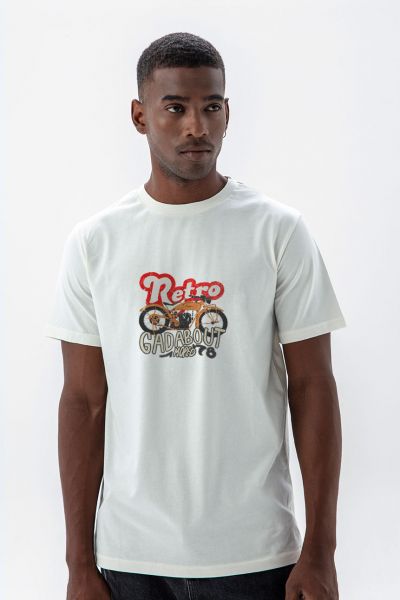 Off White Soft Fabric Motorcycle Design Short Sleeve Tee