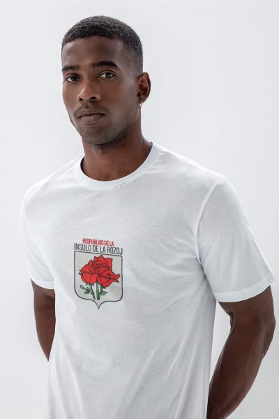 White Soft Fabric Rose Design Short Sleeve Tee