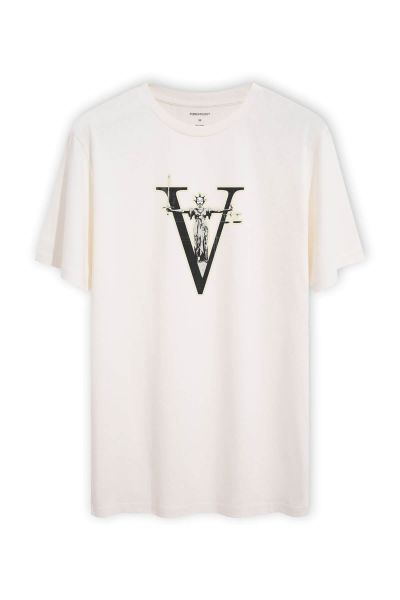 Off White Soft Fabric Victory Design Short Sleeve Tee