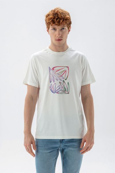 Off White Soft Fabric Acid Flower Design Short Sleeve Tee