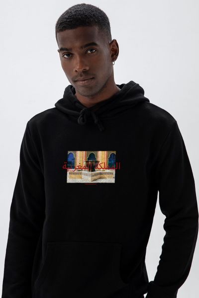 Black Premium Cotton Fountain Design Pullover Hoodie