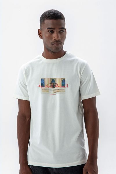 Off White Soft Fabric Fountain Design Short Sleeve Tee