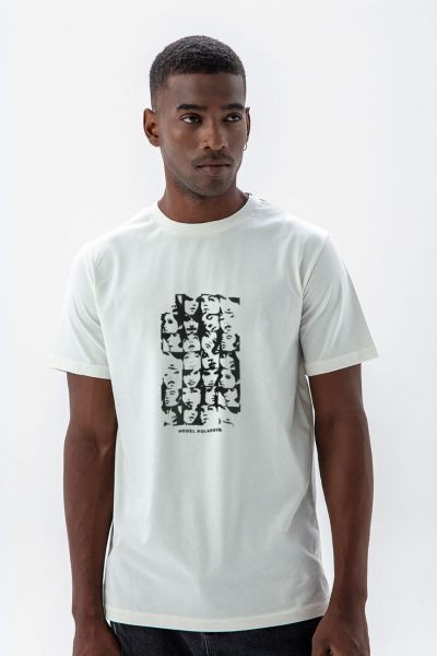 Off White Soft Fabric Model Polaroid Design Short Sleeve Tee