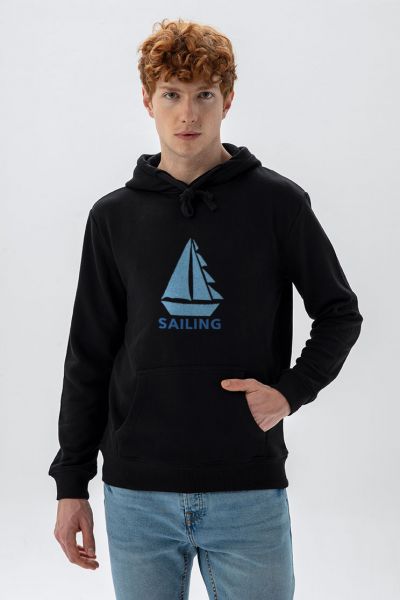 Black Premium Cotton Sailing Design Pullover Hoodie