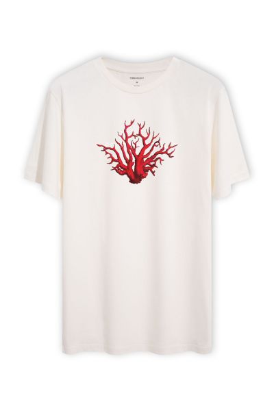 Off White Soft Fabric Sea Coral Design Short Sleeve Tee