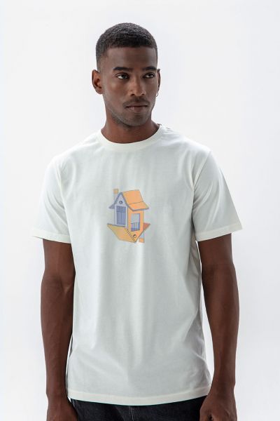 Off White Soft Fabric The Land Design Short Sleeve Tee