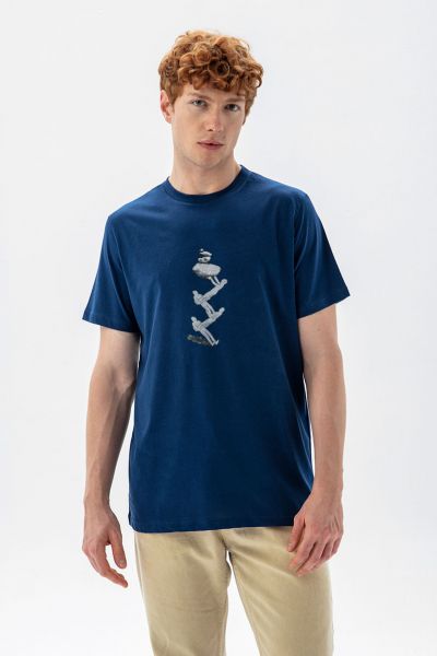 Navy Soft Fabric Zig Zag Stone Stand Design Short Sleeve Tee