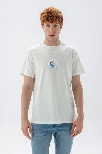 Off White Soft Fabric Okeanos Design Short Sleeve Tee