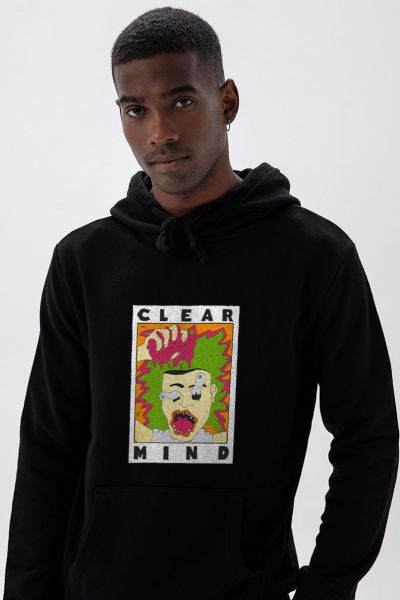 Black Premium Cotton Clear Mind Design Pullover Hoodie