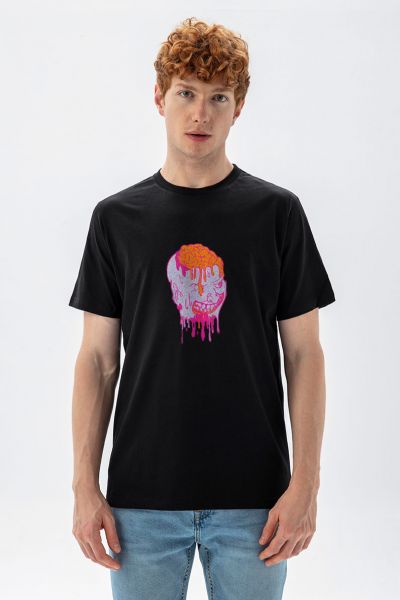 Black Soft Fabric Brain Design Short Sleeve Tee