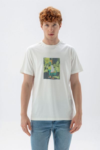 Off White Soft Fabric Time Travel Design Short Sleeve Tee