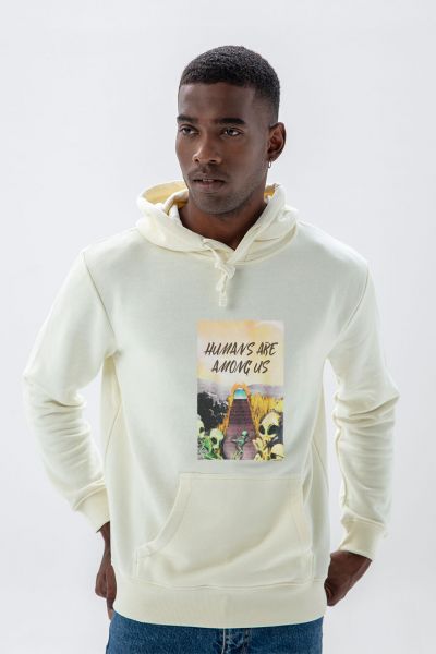 Ecru Premium Cotton Humans are Among Us Design Pullover Hoodie