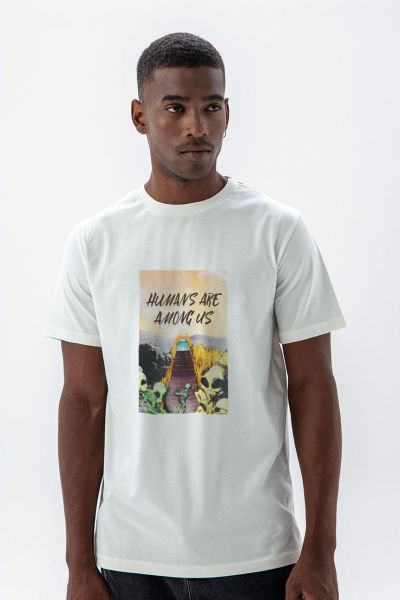 Off White Soft Fabric Humans are Among Us Design Short Sleeve Tee