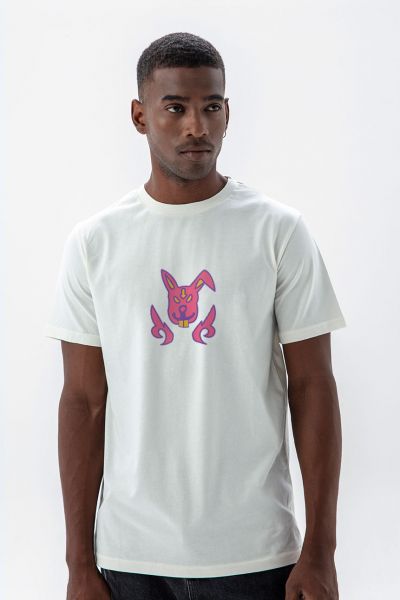 Off White Soft Fabric Crazy Dog Design Short Sleeve Tee