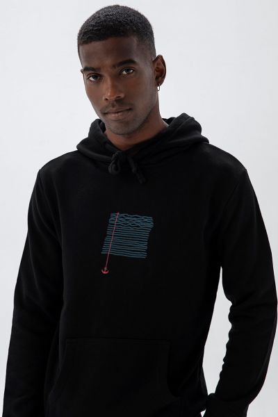 Black Premium Cotton Anchored Design Pullover Hoodie