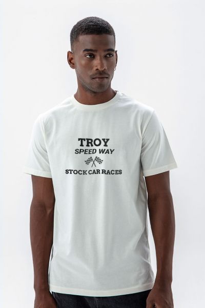 Off White Soft Fabric Troy Speedway Design Short Sleeve Tee