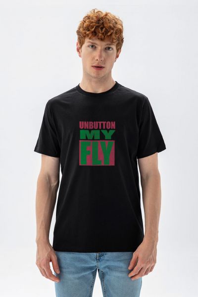 Black Soft Fabric Unbutton my fly Design Short Sleeve Tee