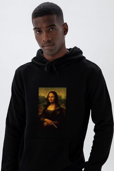 Black Premium Cotton Monalisa with cigar Design Pullover Hoodie