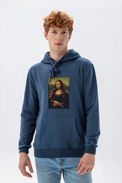 Navy Premium Cotton Monalisa with cigar Design Pullover Hoodie