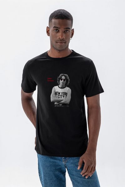 Black Soft Fabric John Lennon Design Short Sleeve Tee