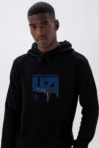 Black Premium Cotton uzi Design Pullover Hoodie