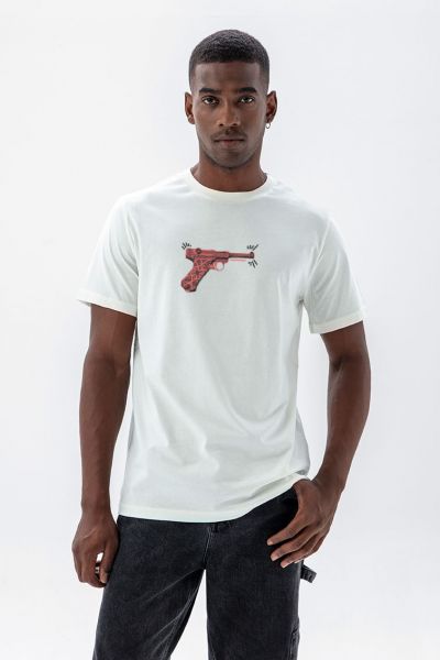 Off White Soft Fabric GUN Design Short Sleeve Tee