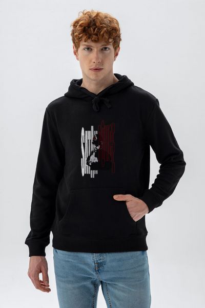 Black Premium Cotton Bribed Design Pullover Hoodie