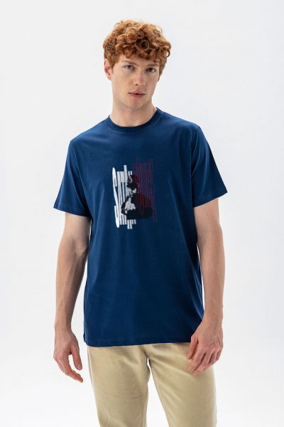 Navy Soft Fabric Bribed Design Short Sleeve Tee