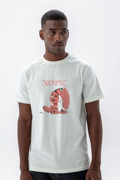 Off White Soft Fabric Sacrifice Design Short Sleeve Tee