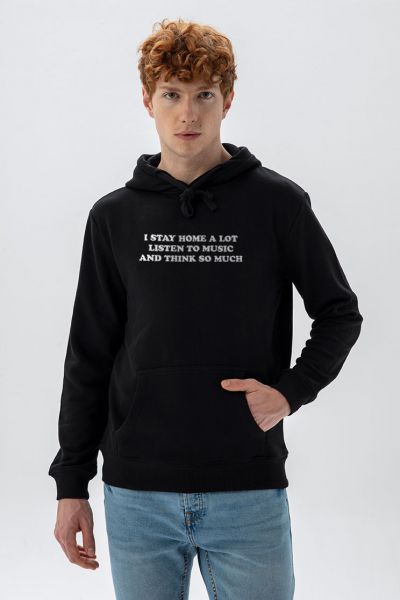 Black Premium Cotton i stay home a lot listen to music and think so much Design Pullover Hoodie