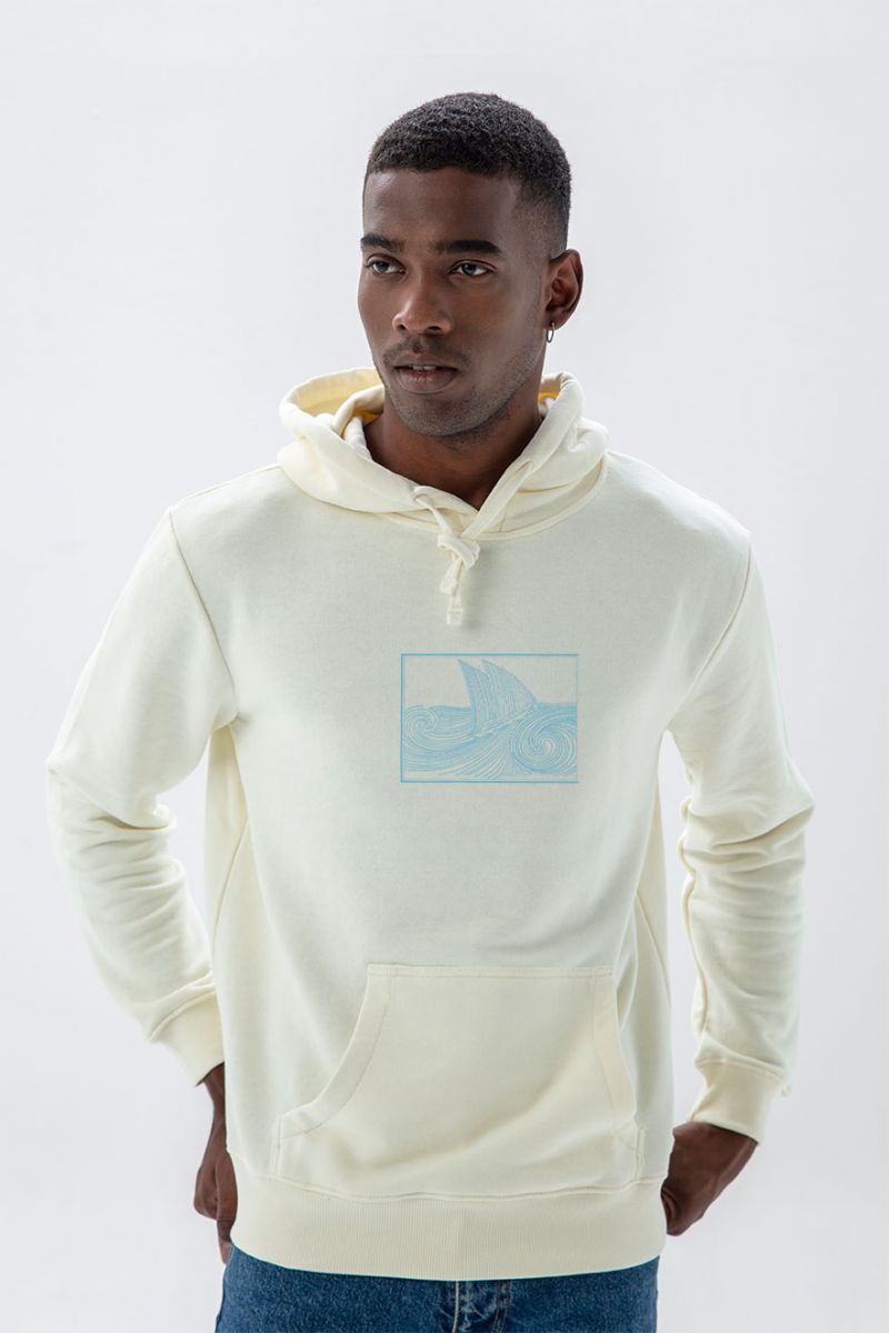 Ecru Premium Cotton Ocean Design Pullover Hoodie