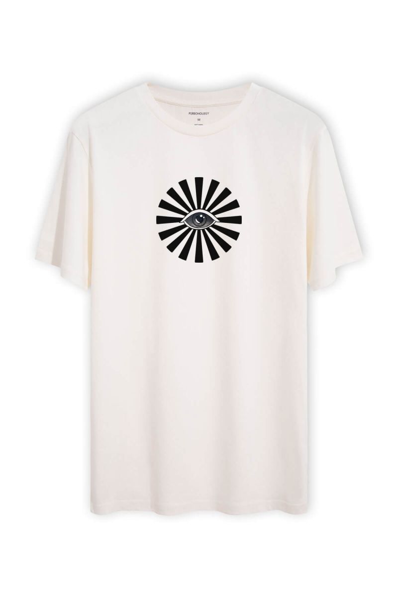 Off White Soft Fabric Eye Design Short Sleeve Tee