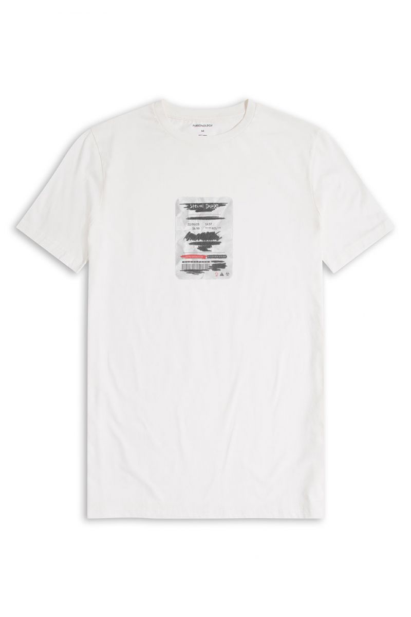 Off White Soft Fabric Ticket Design Short Sleeve Tee