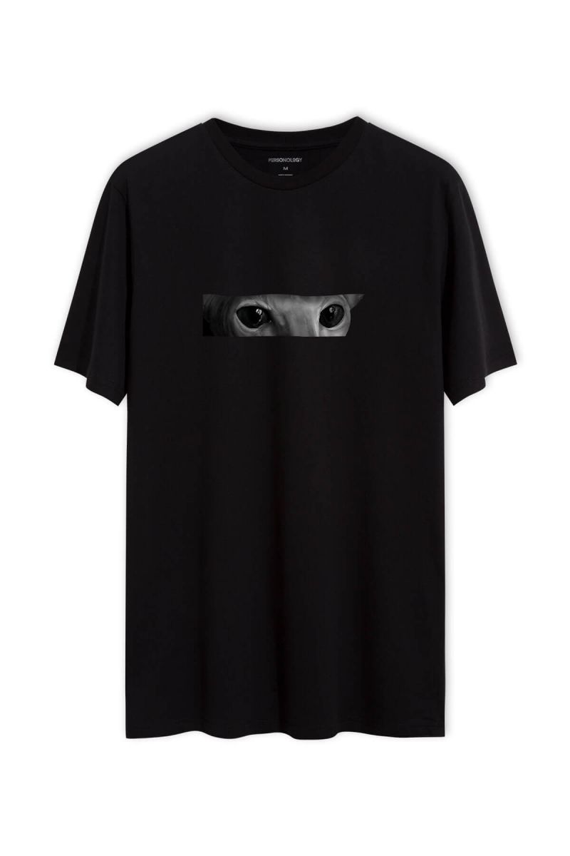 Black Soft Fabric Cat Design Short Sleeve Tee