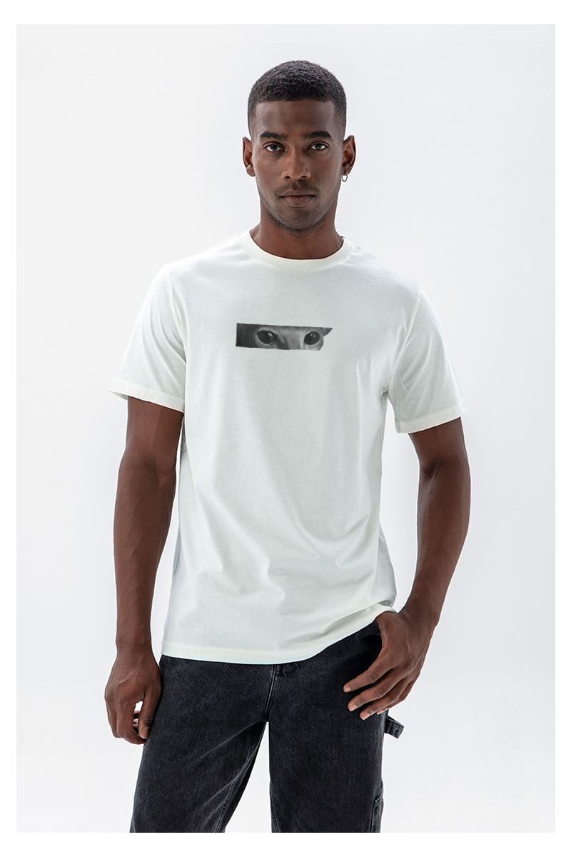 Off White Soft Fabric Cat Design Short Sleeve Tee