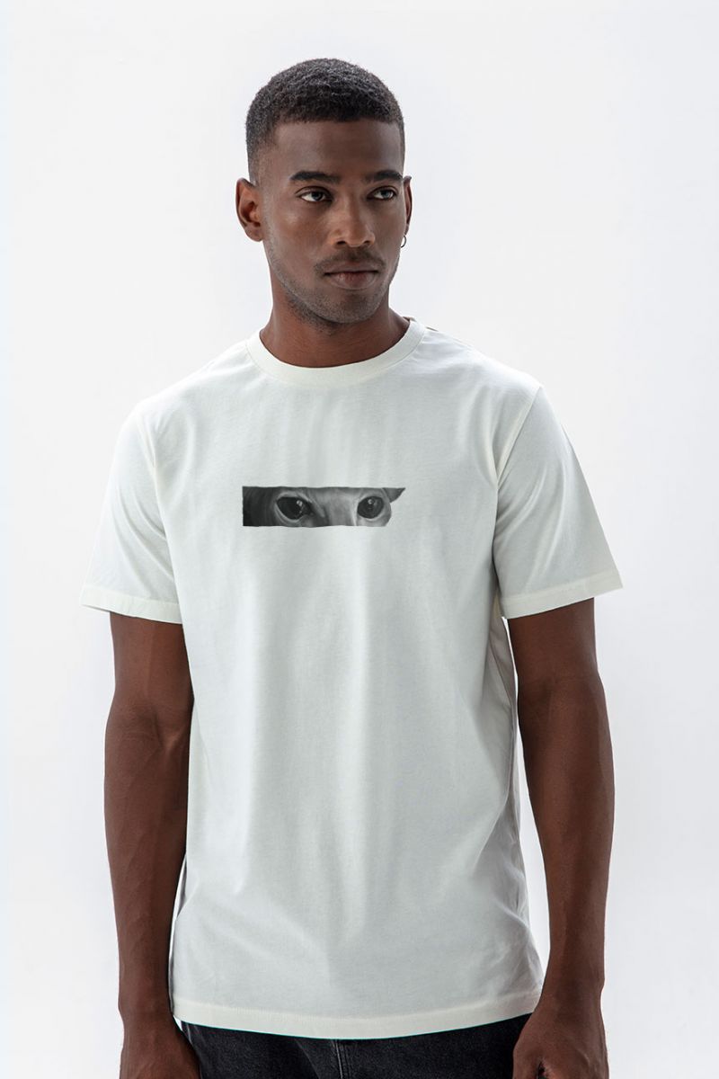 Off White Soft Fabric Cat Design Short Sleeve Tee