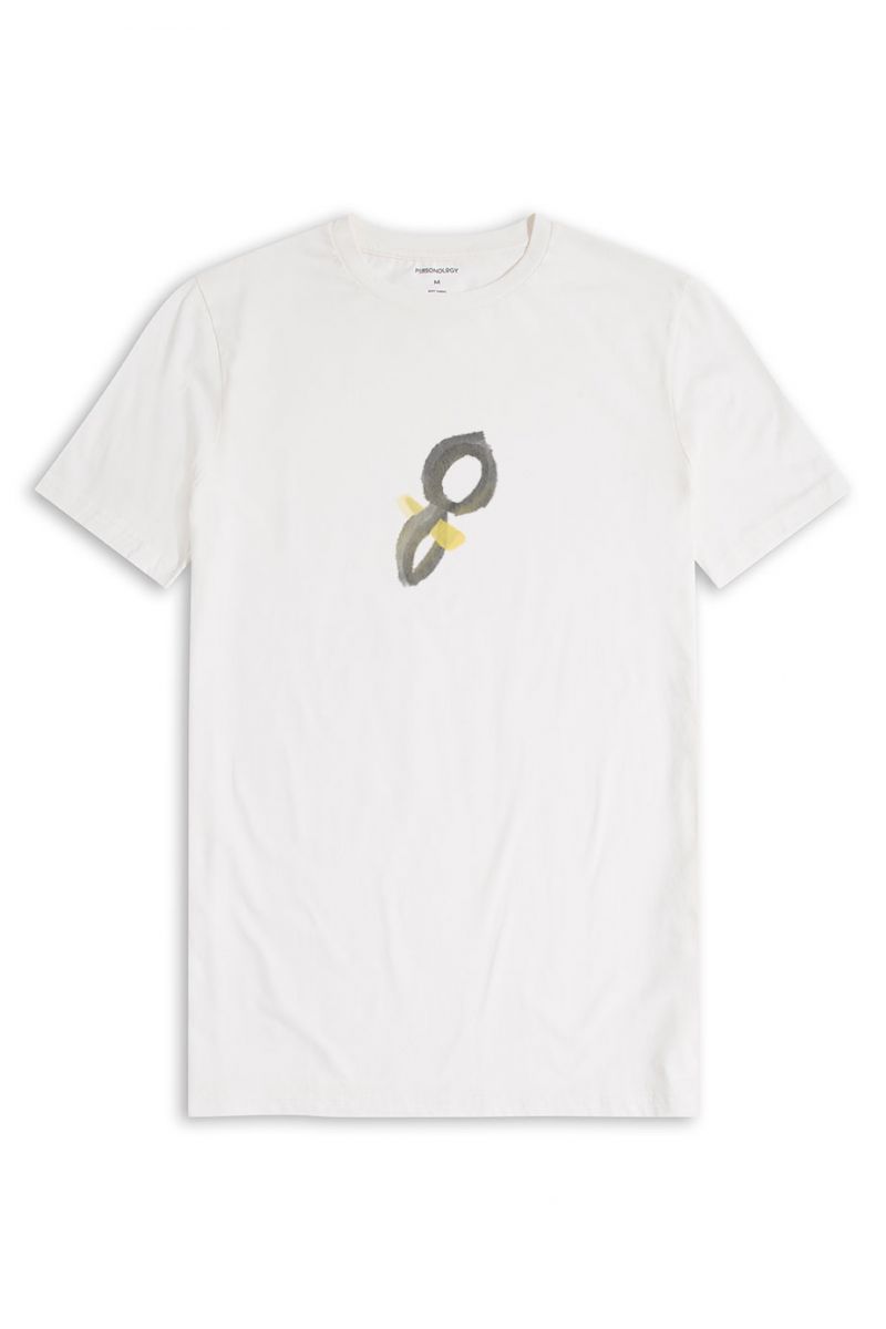 Off White Soft Fabric Alef Design Short Sleeve Tee