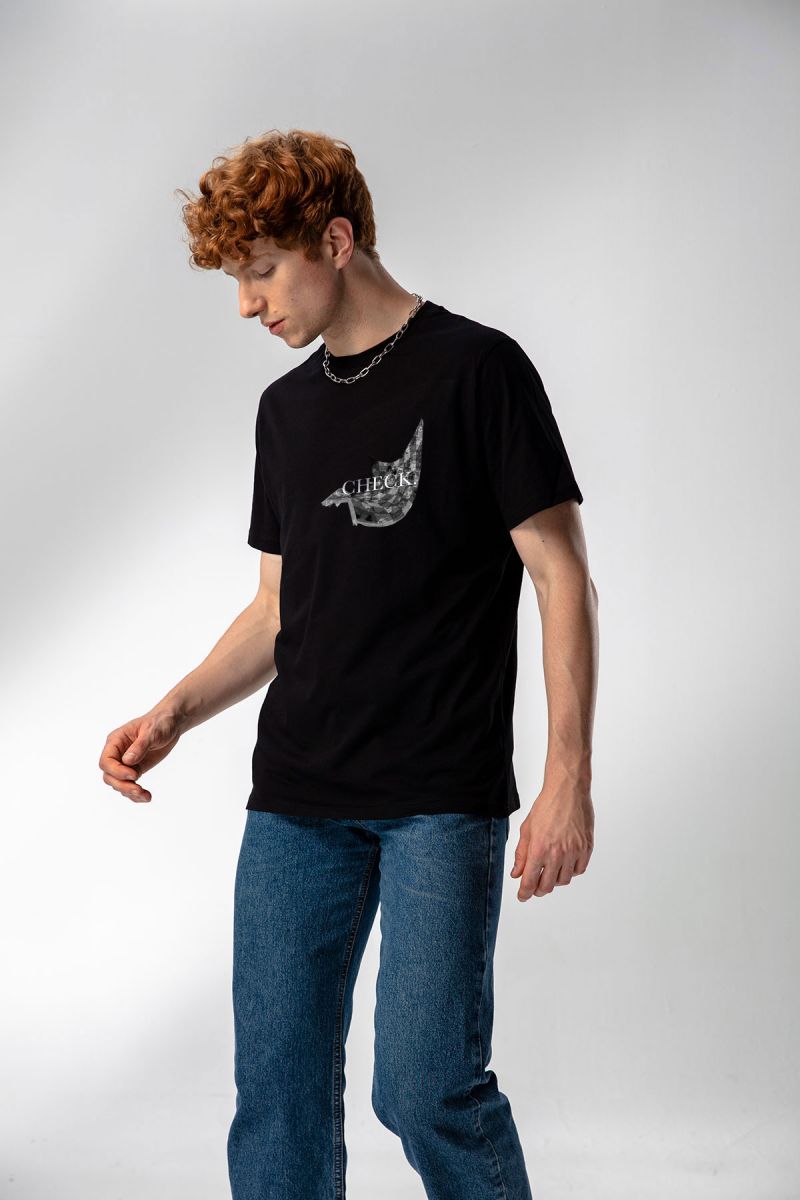 Black Soft Fabric Check Design Short Sleeve Tee