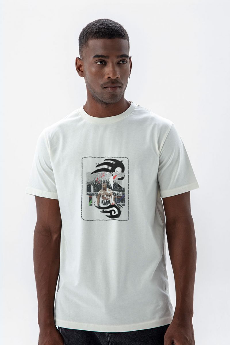 Off White Soft Fabric Mike Tyson Design Short Sleeve Tee