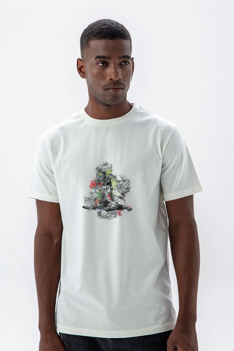 Off White Soft Fabric Muhammed Ali Design Short Sleeve Tee