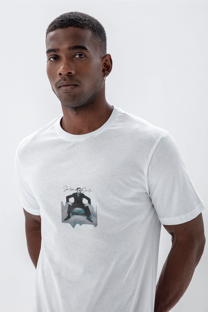 White Soft Fabric Salvador Dali Design Short Sleeve Tee