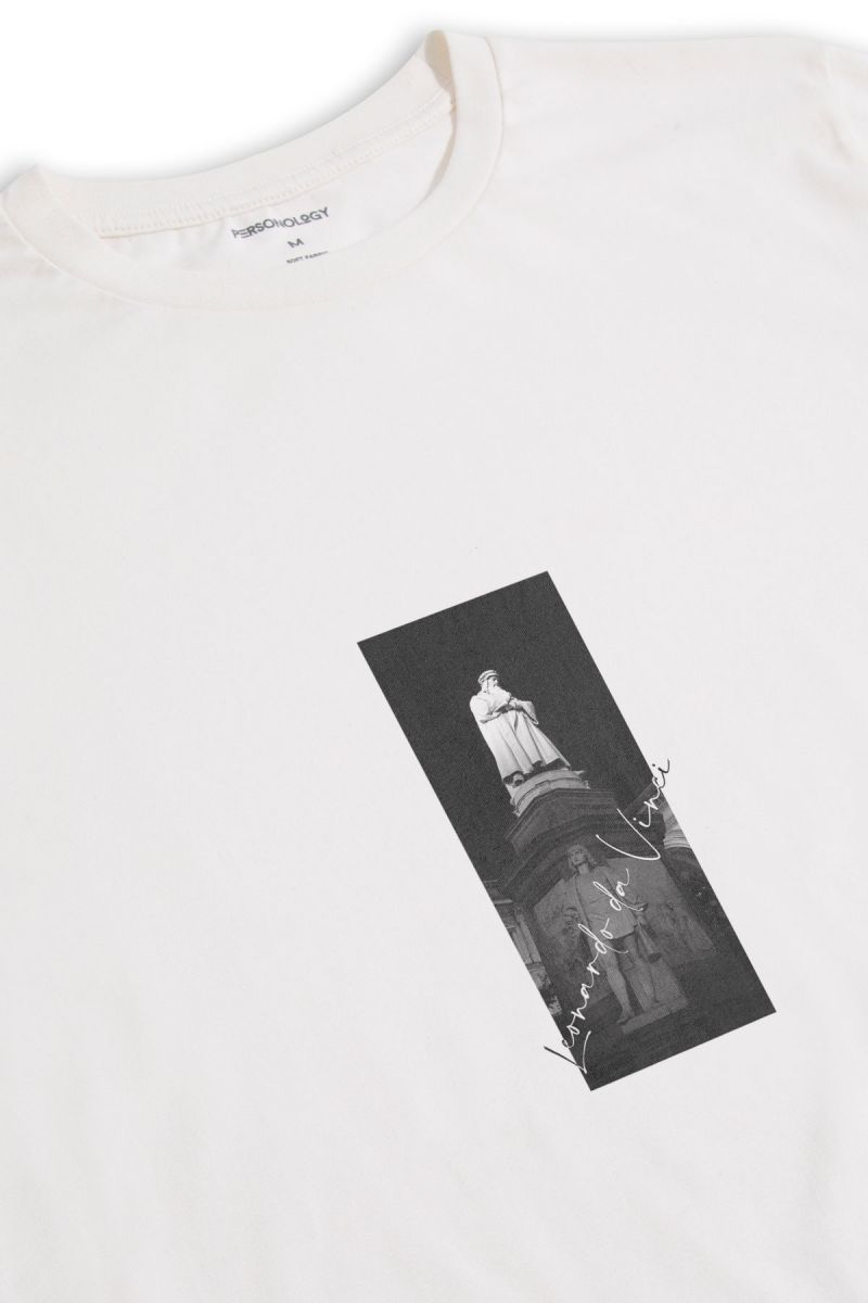 Off White Soft Fabric Leonardo Davinci Design Short Sleeve Tee