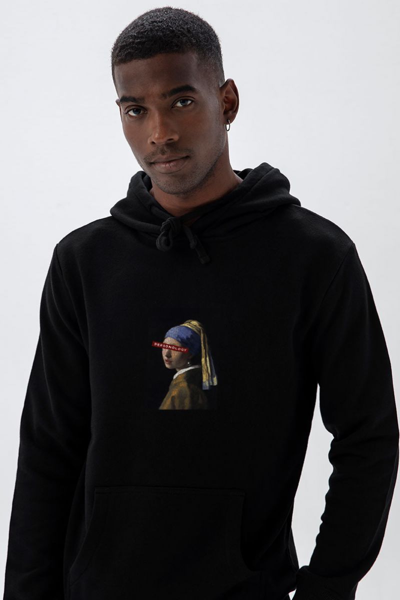 Black Premium Cotton Girl with a Pearl Earring Design Pullover Hoodie