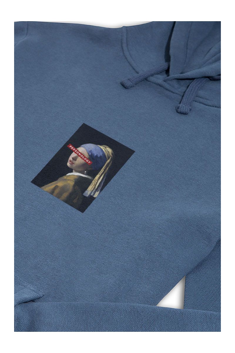 Navy Premium Cotton Girl with a Pearl Earring Design Pullover Hoodie