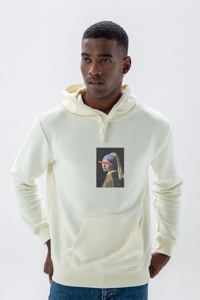Ecru Premium Cotton Girl with a Pearl Earring Design Pullover Hoodie