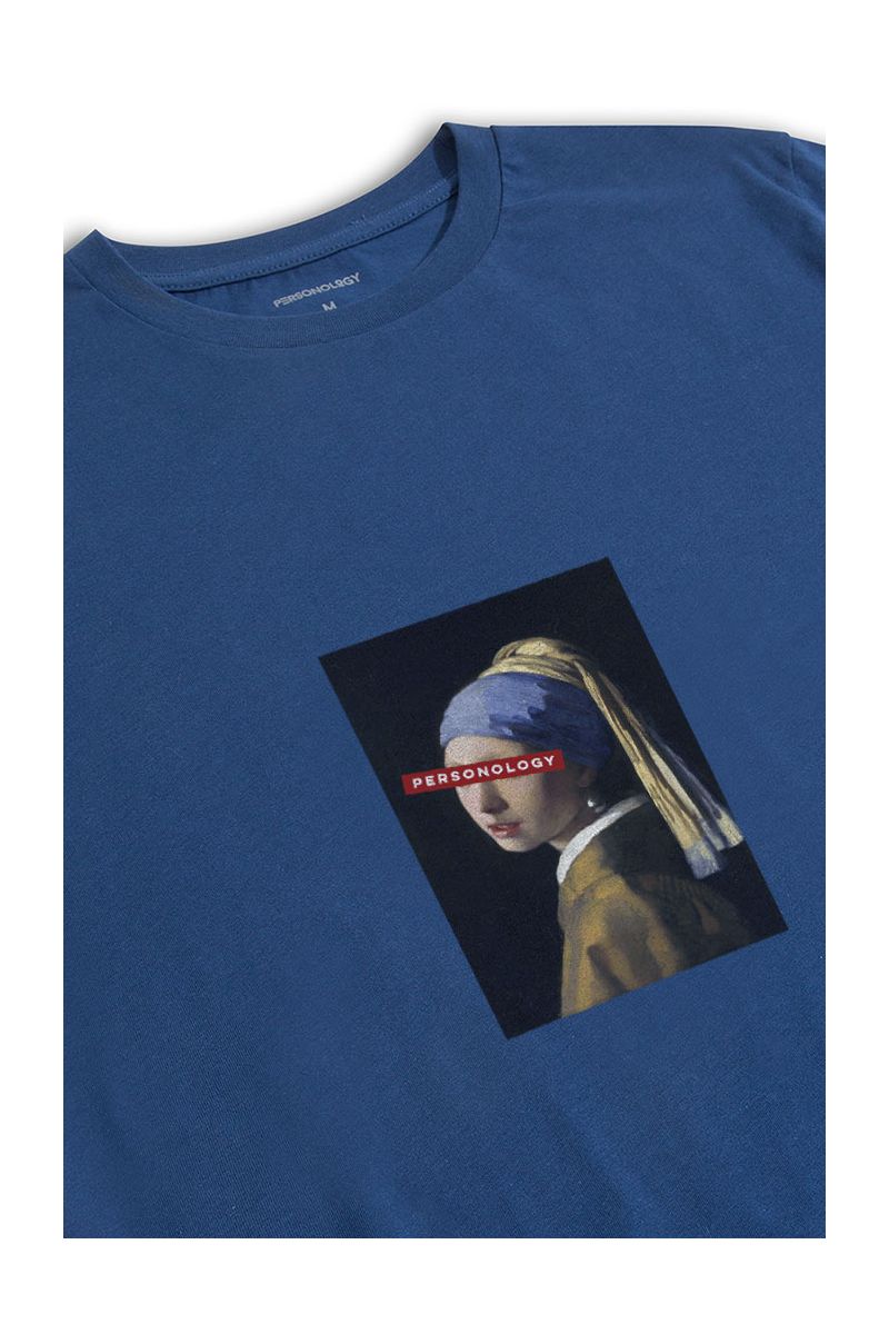 Navy Soft Fabric Girl with a Pearl Earring Design Short Sleeve Tee